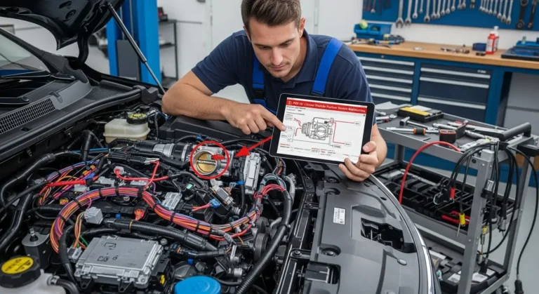 Ilustracija prekidača zatvorenog položaja leptira gasa (P0510) u automobilu, sa prikazom senzora, leptira i ECU konekcije.