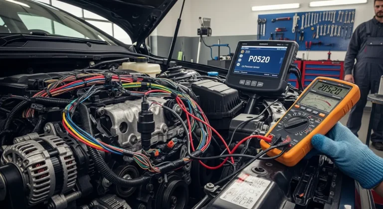 Senzor pritiska ulja u motoru, P0520 greška, prikazuje neispravan električni priključak na automobilskom motoru, upozorenje na instrument tabli.