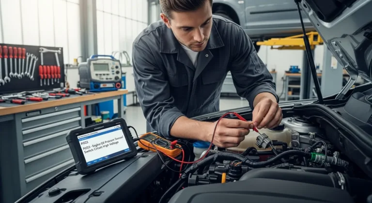 P0523 – Krug senzora/prekidača pritiska ulja motora visok napon Senzor pritiska ulja motora, prikazan sa oznakom P0523, signalizira visok napon u krugu, karakteristično za dijagnostiku kvarova u automobilima.