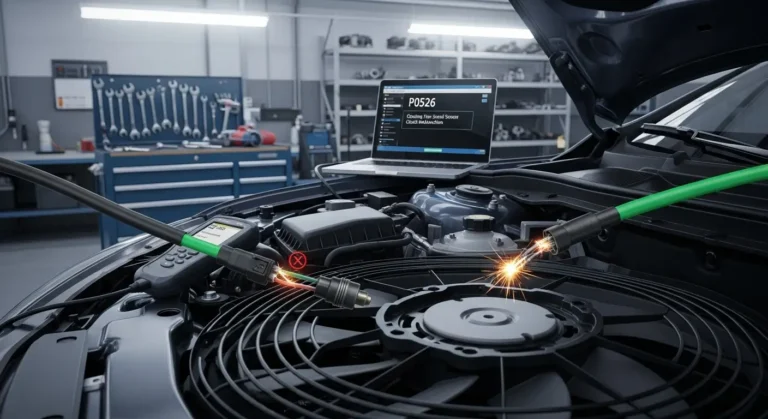 P0526 – Krug senzora brzine ventilatora za hlađenje Senzor brzine ventilatora rashladnog sistema automobila, dijagnostikovan kvar P0526, prikaz ožičenja i konektora u motoru vozila.