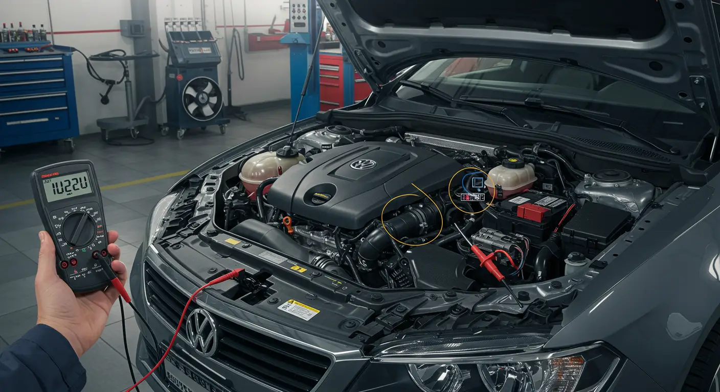 Prikaz motora automobila sa označenim senzorom pritiska ulja i električnim konektorima, ilustrujući problem sa visokonaponskim signalom (P0523 greška).