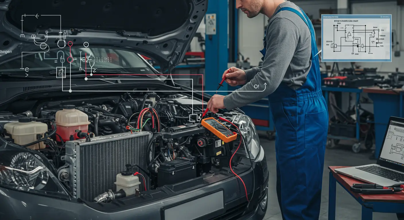 Šema automobila sa označenim start prekidačem i prikazom žica i konektora koji čine start switch circuit, sa dijagnostičkim kodom P0512 prikazanim na ekranu skenera.