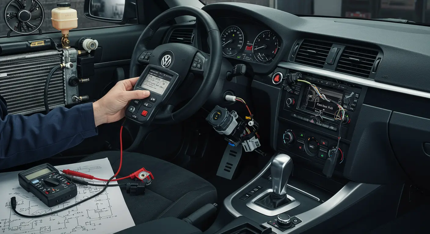 Šema automobilske instrument table sa prikazom lampice upozorenja i dijagrama startnog prekidača, ilustrujući problem P0512 - kvar u startnom prekidaču.