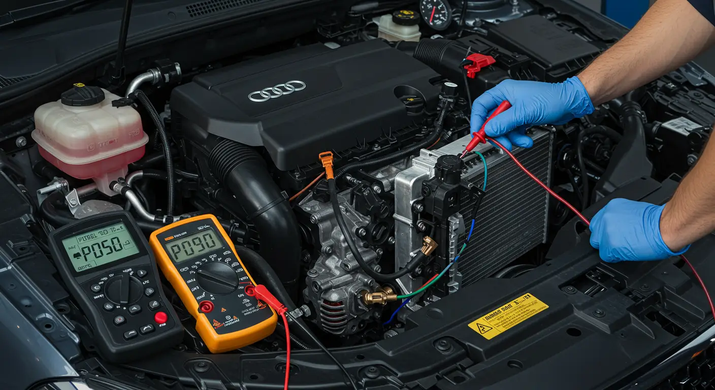 Senzor pritiska rashladnog sredstva klima uređaja u automobilu sa prikazanim dijagnostičkim kodom greške P0530 na ekranu skenera.