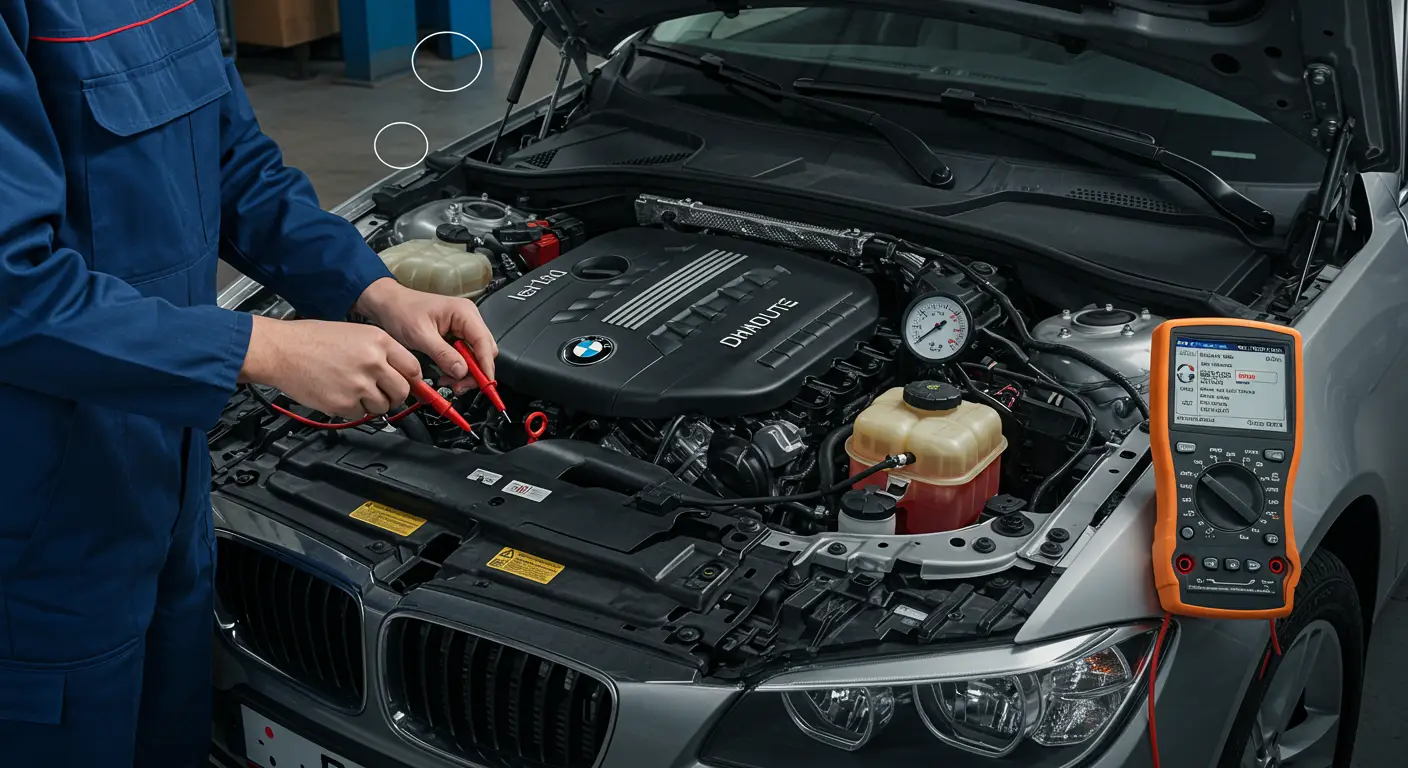 Senzor pritiska ulja u motoru sa prikazanim električnim konektorima i žicama, uz dijagnostički uređaj koji pokazuje grešku P0523.