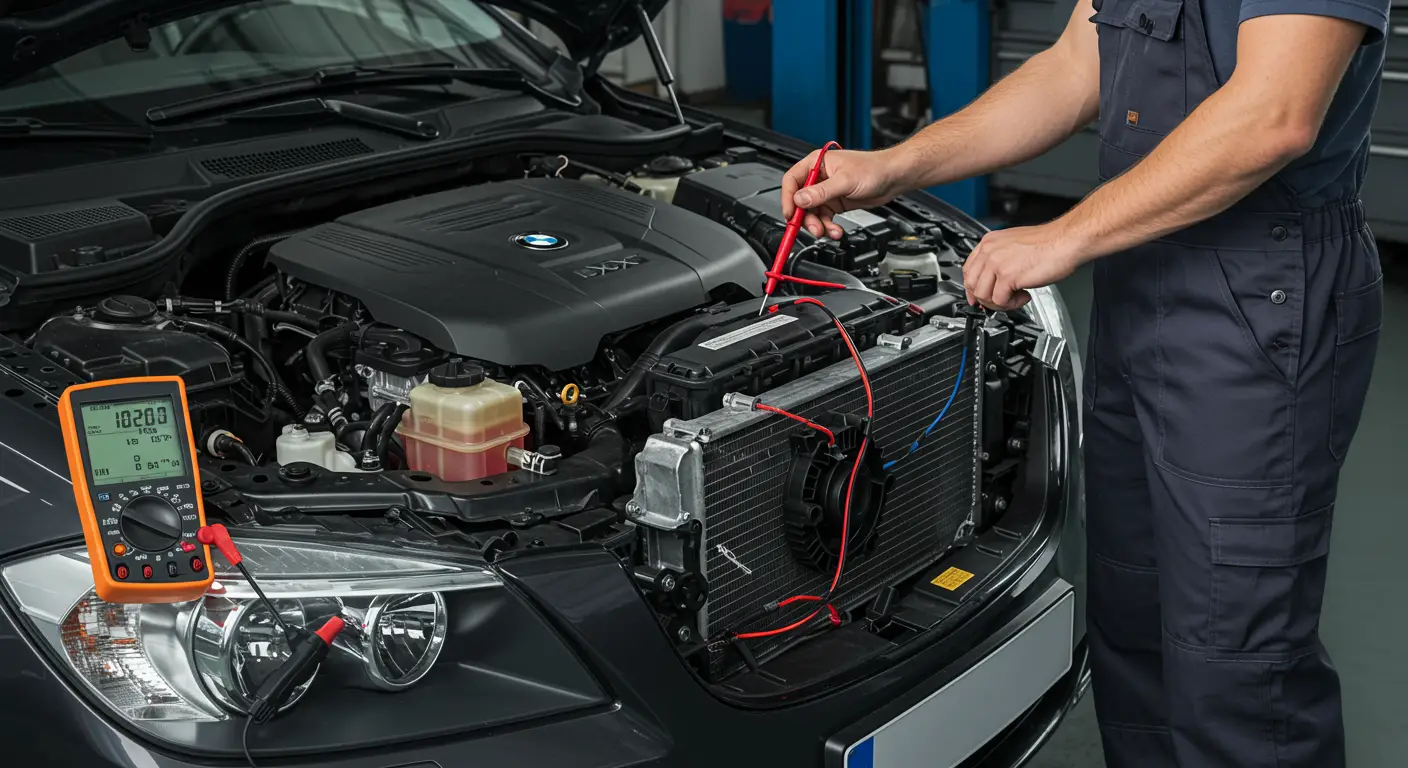 Slika prikazuje senzor brzine ventilatora za hlađenje motora sa istaknutim električnim konektorima i šemom kola, vezano za grešku P0526.