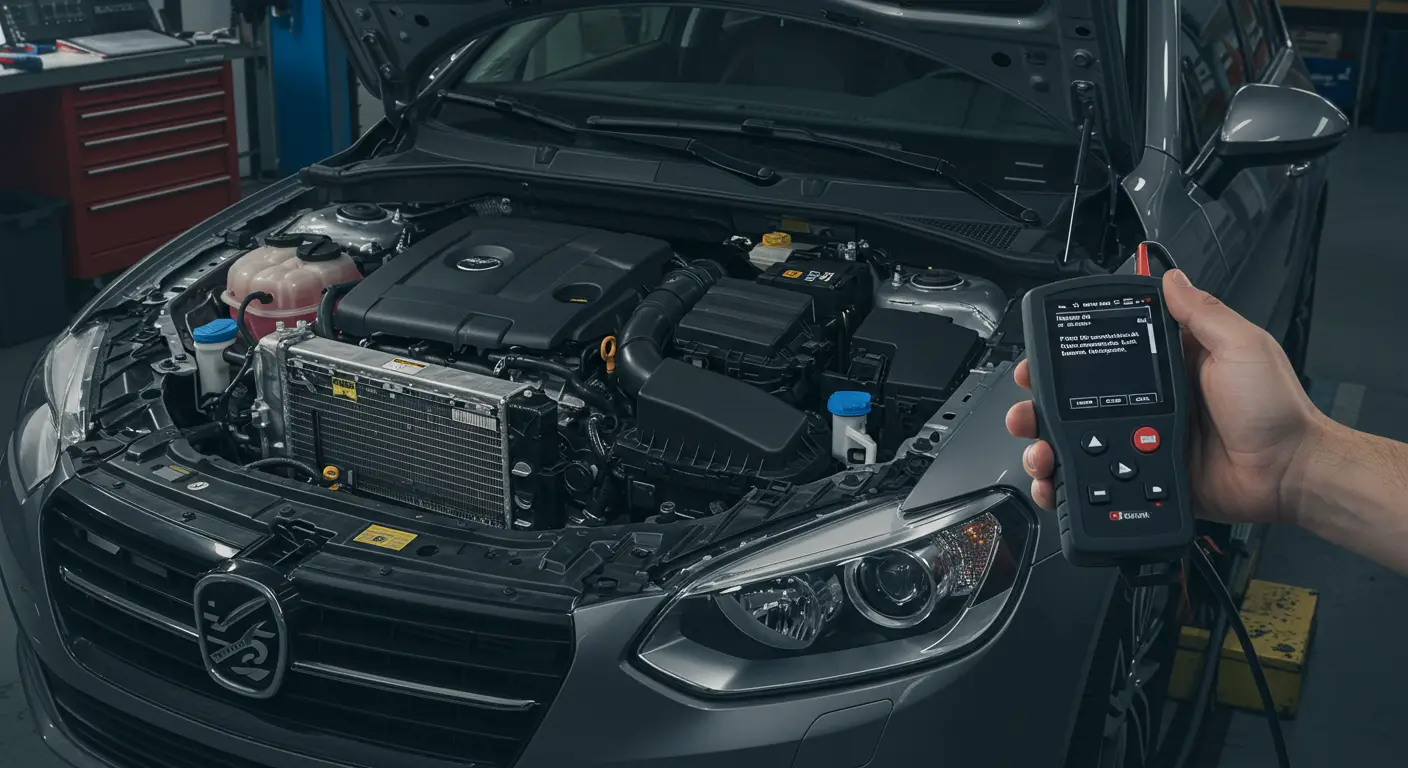 Automobilska instrument tabla prikazuje kontrolnu lampicu motora, dok dijagnostički skener prikazuje kod greške P0600 – kvar u serijskoj komunikacionoj vezi.