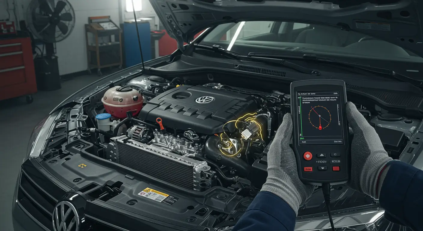 Automobilska instrument tabla prikazuje lampicu za proveru motora, a dijagnostički skener prikazuje kod greške P0707 vezan za senzor položaja menjača.