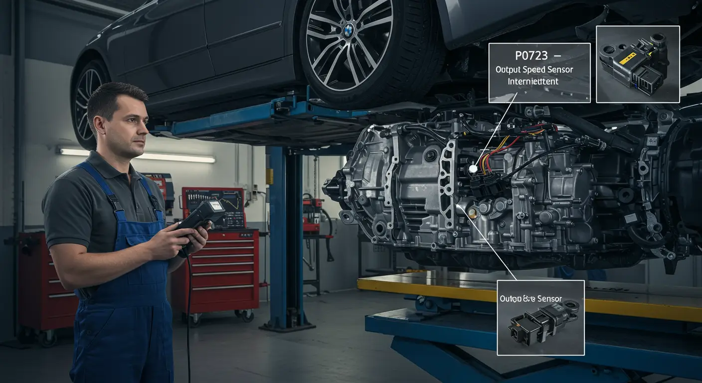 Automobilska instrument tabla prikazuje lampicu za proveru motora (check engine) sa dijagnostičkim kodom P0723, što ukazuje na povremeni problem sa izlaznim senzorom brzine.