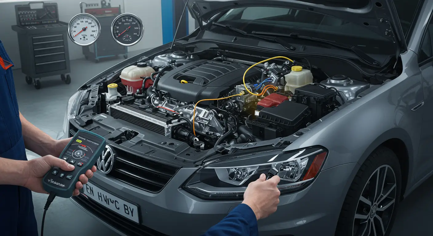 Automobilska instrument tabla prikazuje lampicu za proveru motora, dok dijagnostički skener pokazuje grešku P0713 vezanu za senzor temperature ulja u menjaču.