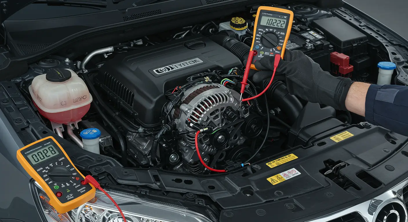 Automobilska instrument tabla prikazuje upaljenu lampicu za akumulator, što ukazuje na mogući problem sa P0622 - Generator F-terminal krugom. U pozadini se vidi voltmetar sa niskim naponom baterije.