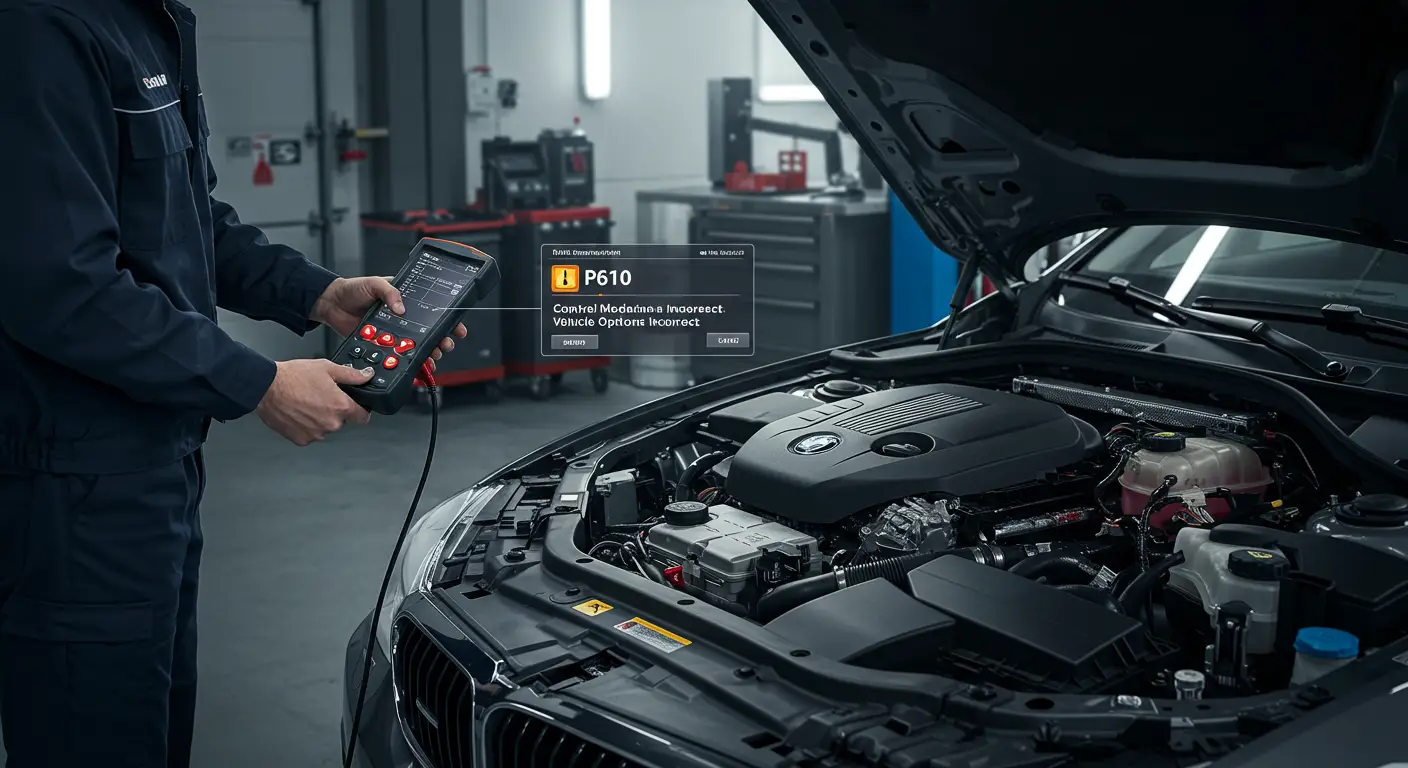 Automobilska instrument tabla sa prikazom greške P0610 na ekranu, označavajući problem sa kontrolnim modulom vozila.