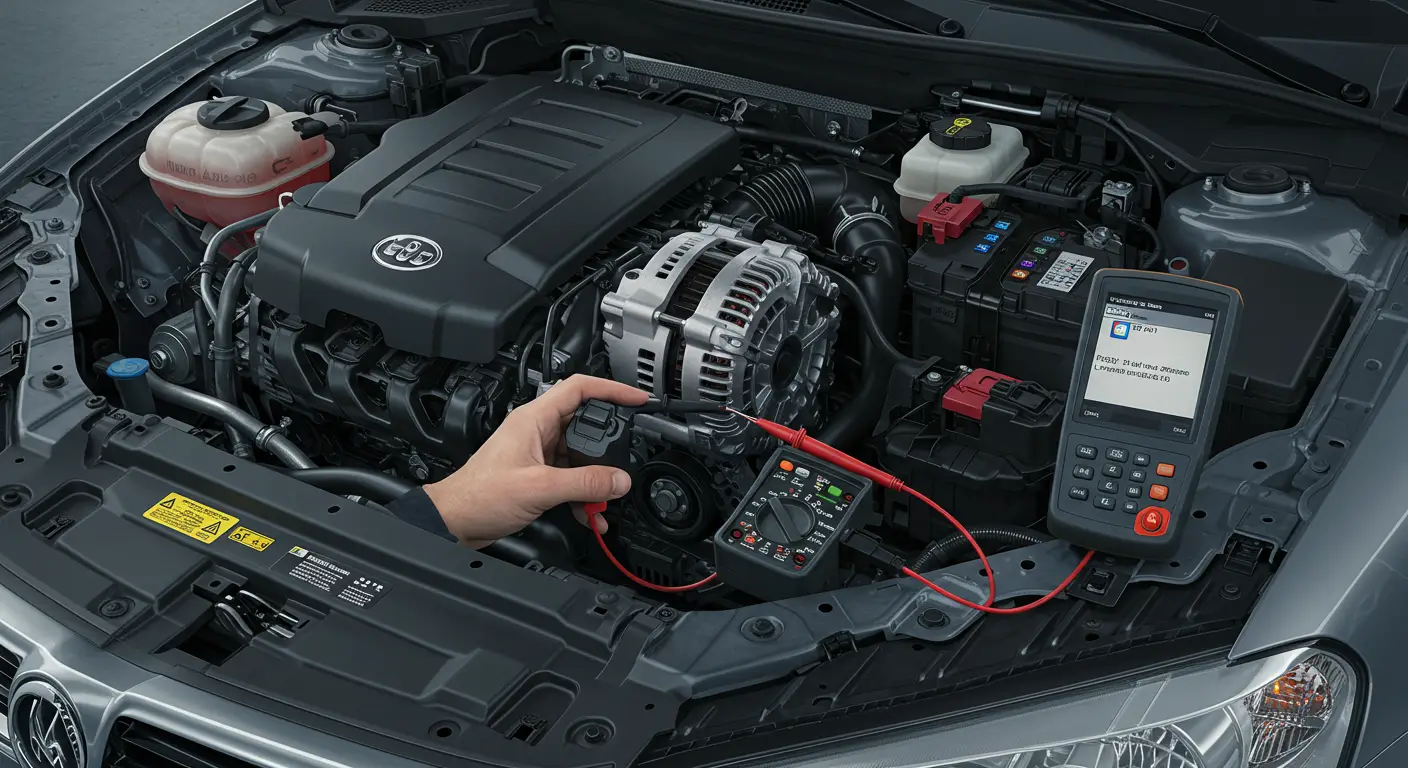 Automobilska instrument tabla sa upaljenom lampicom za grešku alternatora i dijagnostičkim kodom P0621 - Generator L-terminal krug.