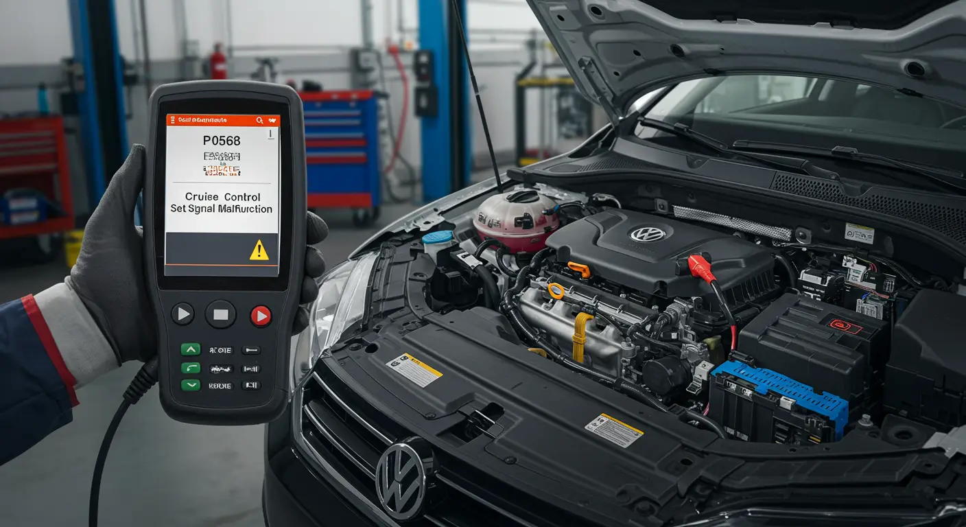 Automobilska instrument tabla sa upaljenom lampicom za grešku i prikazom koda P0568 za kvar signala tempomata.
Uvećan prikaz dugmadi za podešavanje tempomata na volanu uz tehnički dijagram električne instalacije.