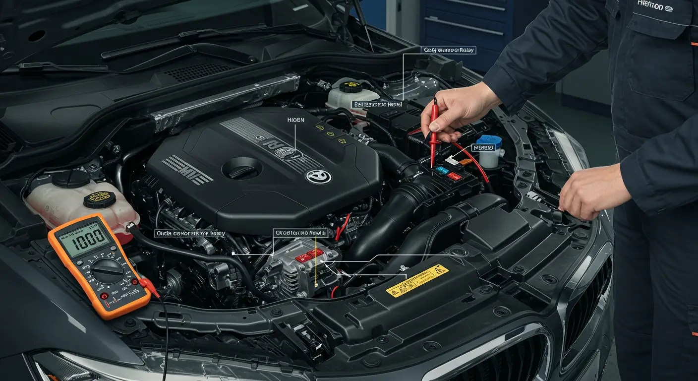 Automobilska instrument tabla sa upaljenom lampicom za grešku motora i dijagnostičkim kodom P0629, koji označava visok napon u kontrolnom kolu releja pumpe za gorivo. Prikazan je i elektronski dijagram releja pumpe za gorivo.