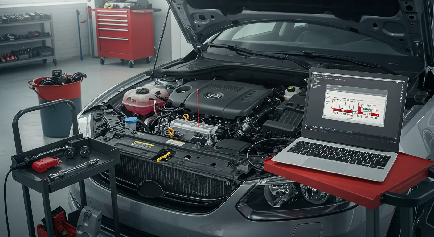 Automobilska instrument tabla sa upaljenom lampicom za proveru motora, prikazujući dijagnostičku grešku P0604 vezanu za RAM kontrolnog modula.