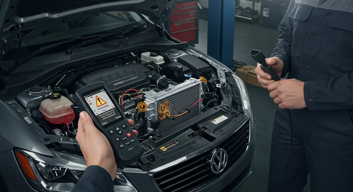 Automobilska instrument tabla sa upaljenom lampicom za proveru motora i dijagnostičkim skenerom prikazuje kod greške P0608 - neispravnost izlaza VSS modula kontrole.