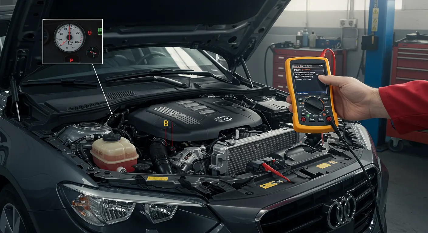 Automobilska instrument tabla sa upaljenom lampicom za proveru motora i dijagnostičkim uređajem priključenim na OBD2 port, prikazuje kod greške P0609 - neispravnost izlaza 