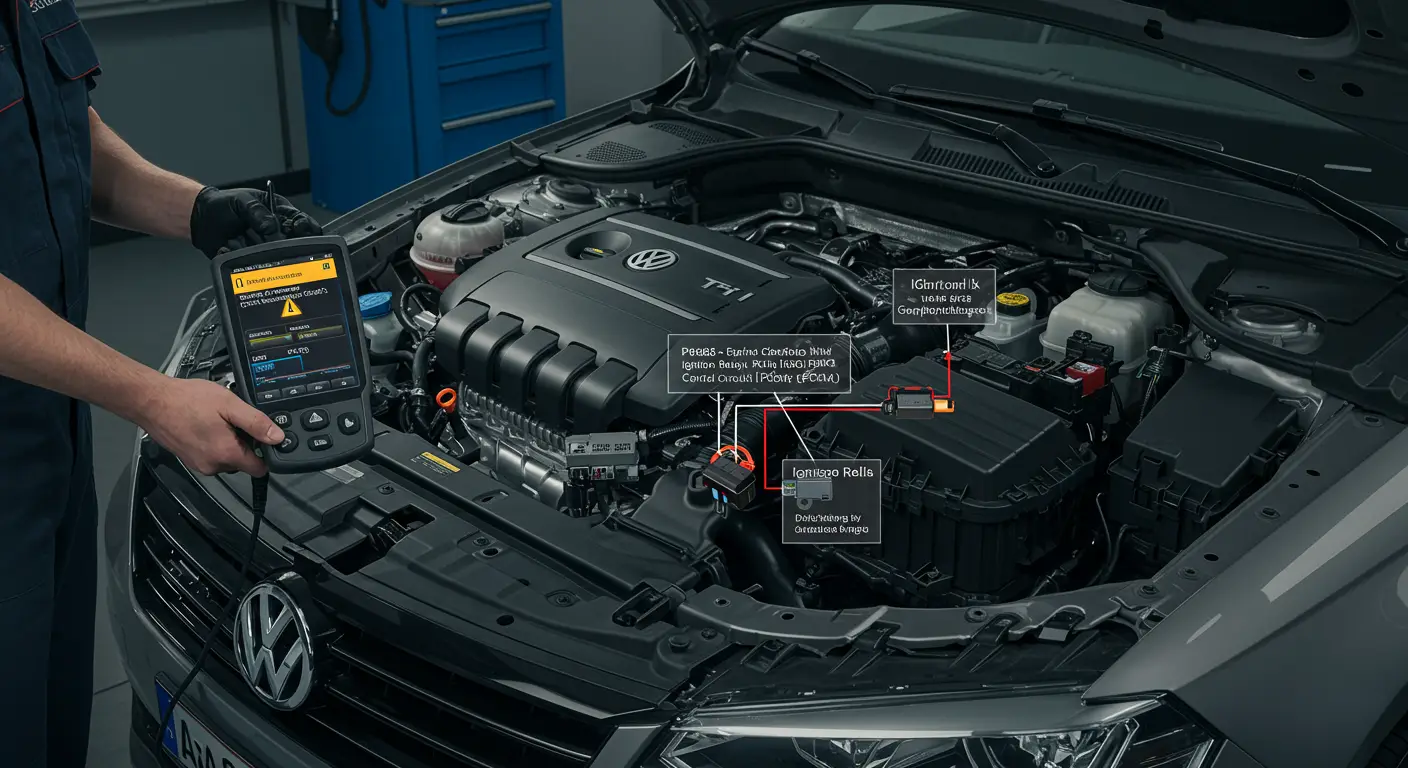 Automobilska instrument tabla sa upaljenom lampicom za proveru motora i dijagnostički skener priključen na OBD-II port, prikazuje kod greške P0685.