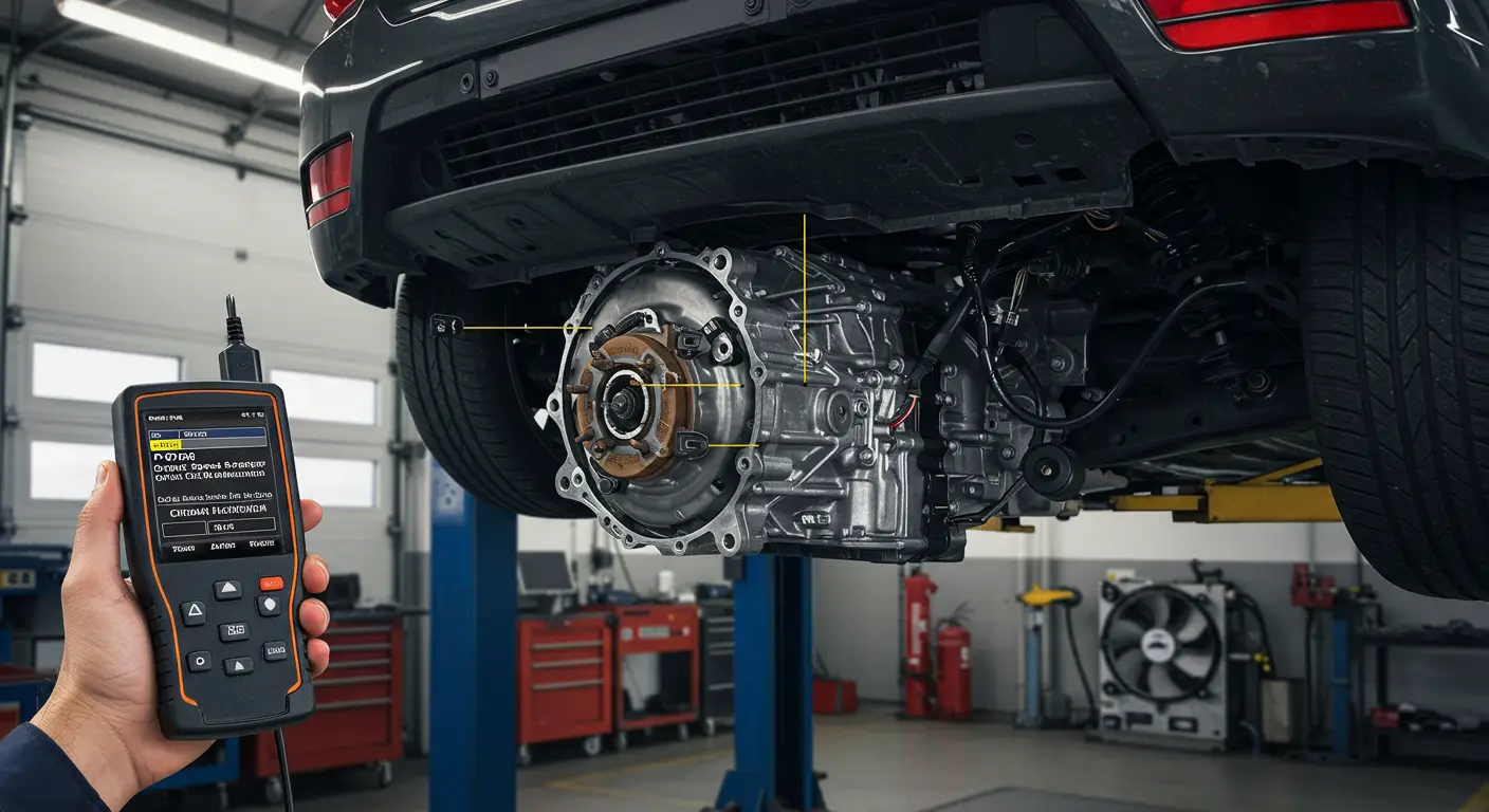 Automobilska instrument tabla sa upaljenom lampicom za proveru motora i dijagnostički skener prikazuje kod greške P0720 – kvar na senzoru izlazne brzine.