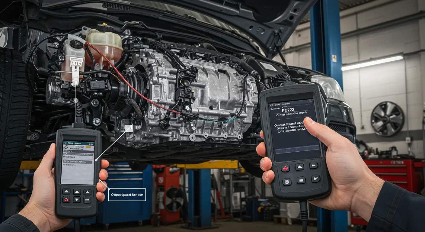 Automobilska kontrolna tabla prikazuje check engine lampicu, dok je prikazan dijagnostički kod greške P0722 koji označava problem sa izlaznim senzorom brzine. Na ekranu se vidi i opis greške: