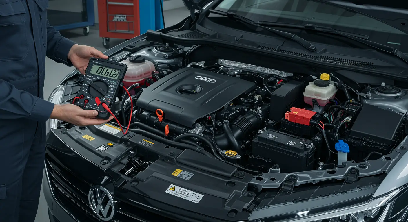 Automobilska kontrolna tabla prikazuje lampicu upozorenja motora i OBD-II skener sa kodom greške P0616, koji ukazuje na nizak napon u kolu releja anlasera.