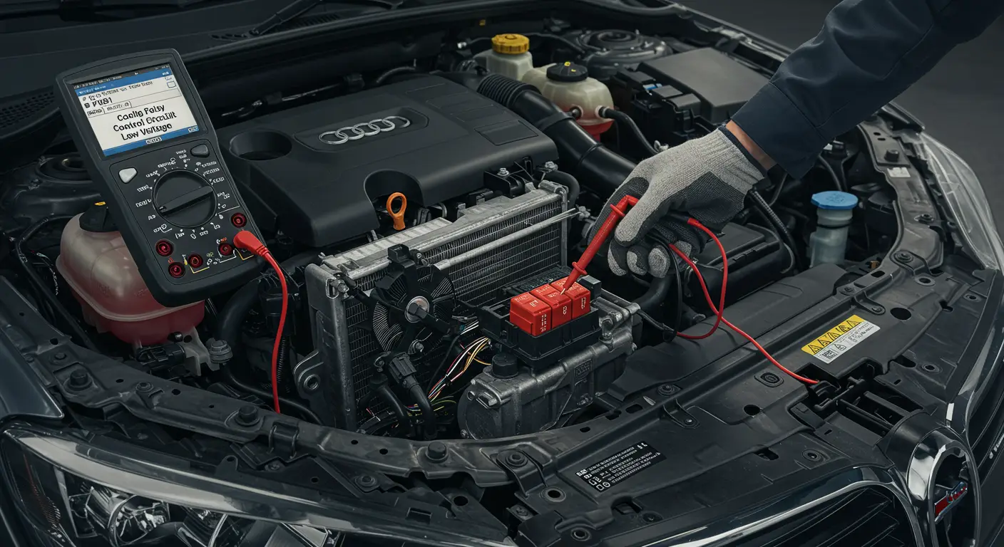 Automobilska kontrolna tabla prikazuje lampicu za kvar sa dijagnostičkim kodom P0691, koji se odnosi na napon releja ventilatora za hlađenje. U pozadini su prikazani motori i električni kablovi povezani sa sistemom za hlađenje.