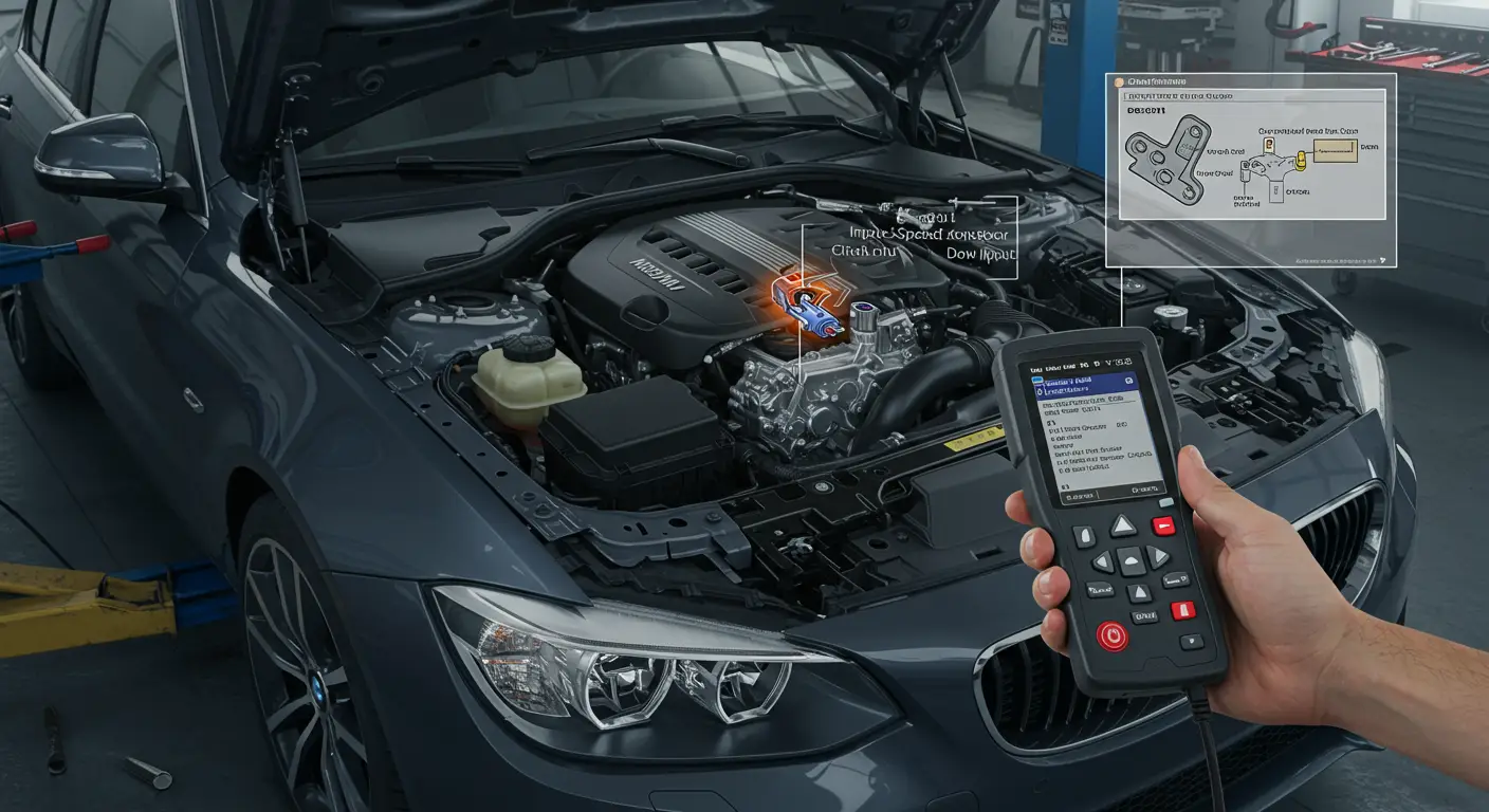 Automobilski instrument tabla sa upaljenom lampicom za proveru motora i dijagnostičkim kodom greške P0717 - niska vrednost signala senzora ulazne brzine.