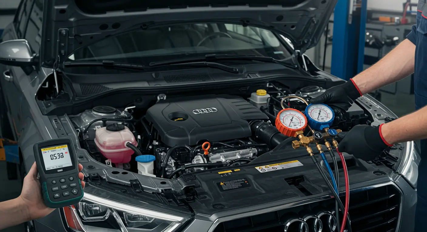 Digitalni ekran automobila prikazuje grešku P0534 vezanu za gubitak rashladnog sredstva u klima uređaju, sa upozorenjem na potrebu servisa.