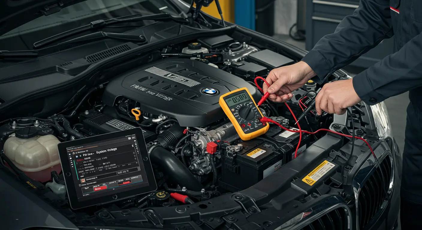 Digitalni instrument tabla automobila prikazuje upozorenje za grešku P0560 - sistemski napon, sa upaljenom lampicom za bateriju.