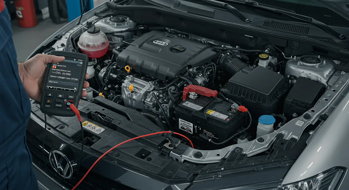 Digitalni instrument tabli automobila prikazuje lampicu upozorenja baterije i poruku o niskom naponu sistema. Ikonica automobila sa baterijom istaknuta je crvenom bojom na ekranu.