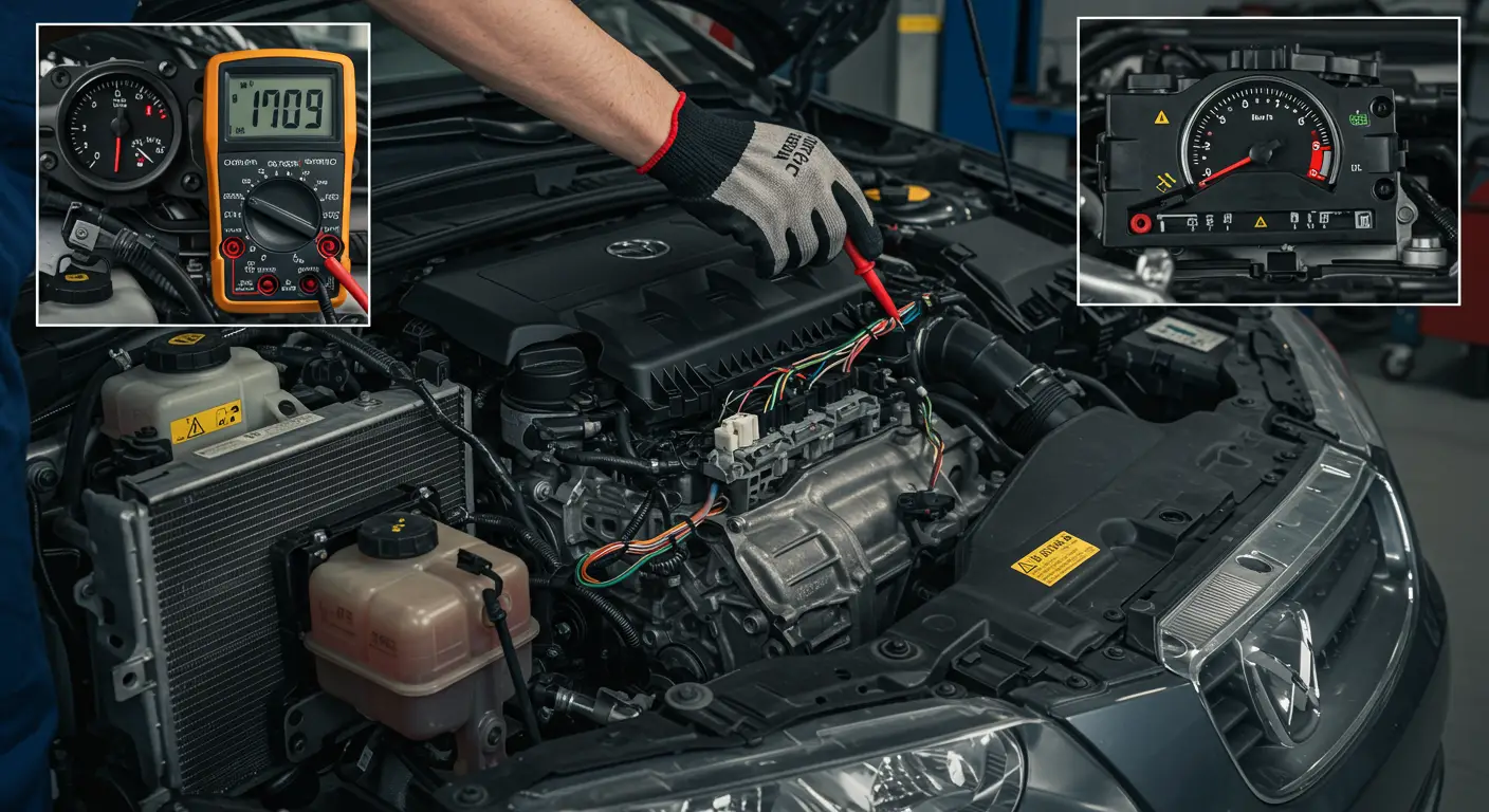 Digitalni merač prikazuje grešku P0710 na instrument tabli automobila, uz upozorenje o kvaru senzora temperature ulja u menjaču.