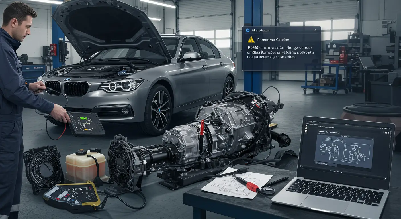 Digitalni prikaz instrument table automobila sa upaljenom lampicom za proveru menjača i porukom o grešci P0706 - Trans Range Switch Performance. Na ekranu je prikazana silueta menjača sa upozorenjem.