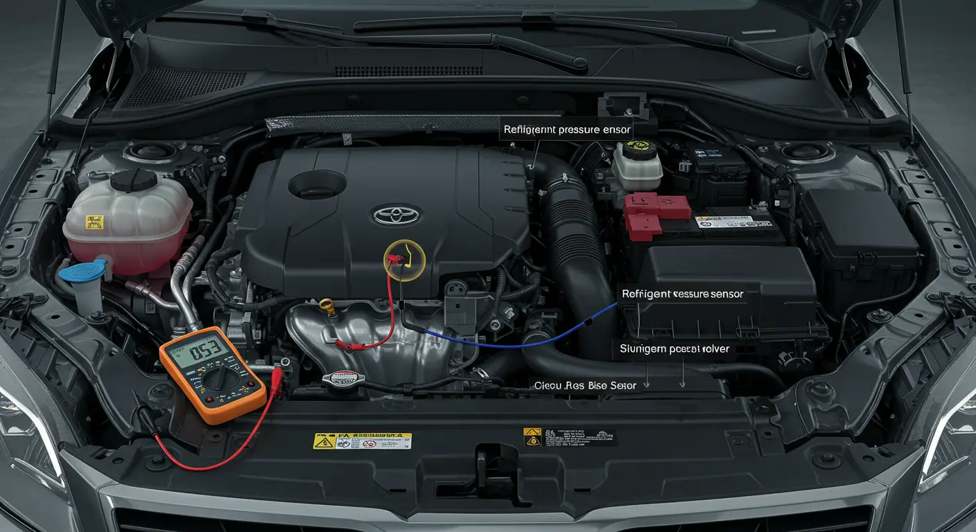 Dijagnostički skener prikazuje kod greške P0533 na ekranu automobila, ukazujući na problem sa senzorom pritiska rashladnog sredstva klime. Mehaničar proverava senzore i električne priključke u motornom prostoru.