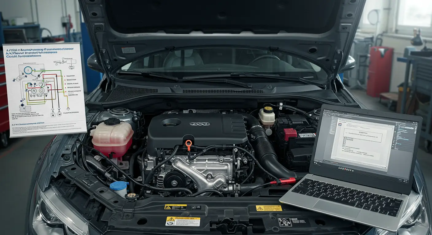 Dijagram automobila sa označenim A/C senzorom pritiska rashladnog sredstva i električnim priključcima.
Automobilska instrument tabla sa upaljenom lampicom za grešku i prikazom koda P0531 vezanog za klima uređaj.