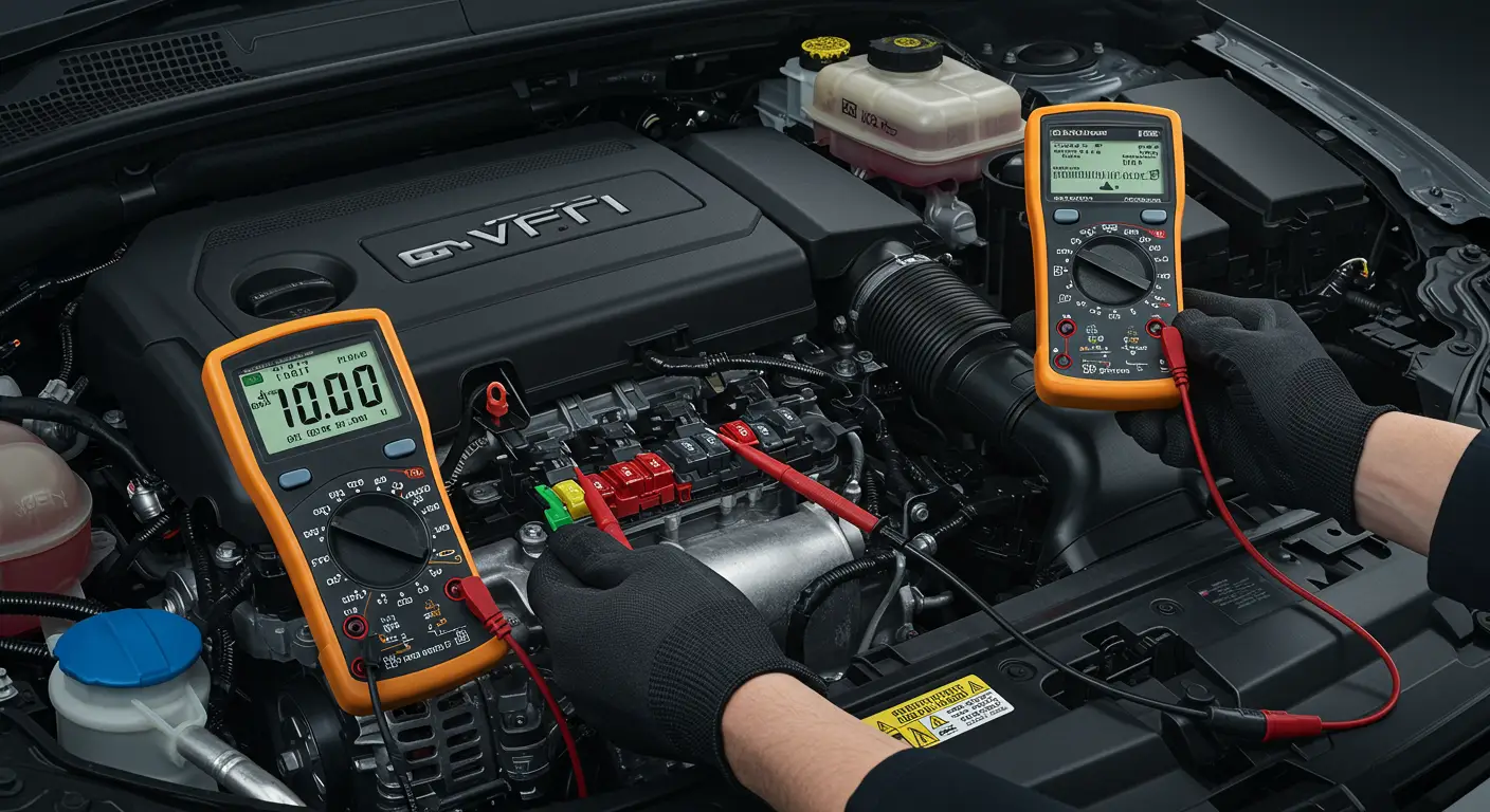 Dijagram automobilske električne instalacije prikazuje relej anlasera i merenje napona na starter relay control circuit-u sa označenim P0617 kodom greške. Elektronski tester je priključen na relej kako bi se proverila visoka voltaža u kolu.