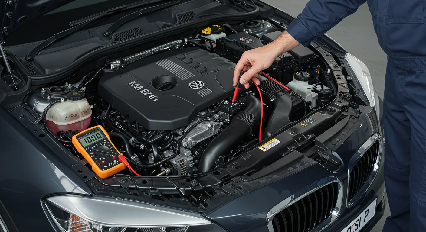 Dijagram automobilske električne šeme sa označenim 5-volt referentnim kolom i upozorenjem na P0641 grešku u PCM modulu.
Automobilska instrument tabla sa upaljenom lampicom za proveru motora i dijagnostičkim skenerom koji prikazuje kod greške P0641.