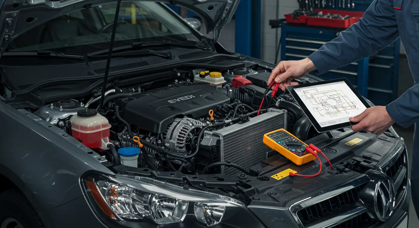 Dijagram automobilske električne šeme sa označenim P0626 - visok napon na F-terminalu generatora. Prikazan je akumulator, alternator i žice koje povezuju F-terminal.