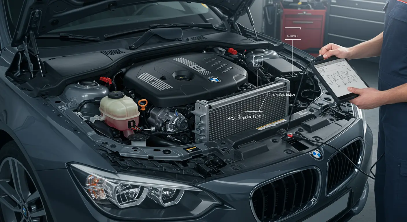 Dijagram automobilskog A/C sistema sa označenim relejem spojke klima uređaja i prikazom greške P0647 u električnom krugu.