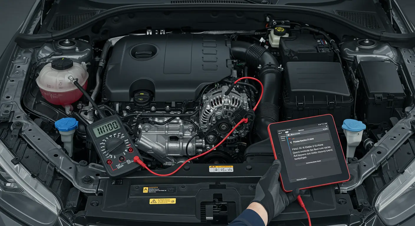 Dijagram automobilskog generatora sa označenim F-terminalom i prikazom niske voltaže u krugu. Na slici je istaknuta greška P0625 na instrument tabli vozila.