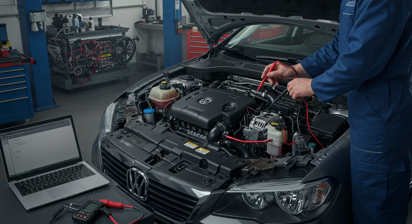 Dijagram automobilskog motora sa označenim generatorom i električnim kablovima, prikazujući problem u kontrolnom kolu generatora (P0620).