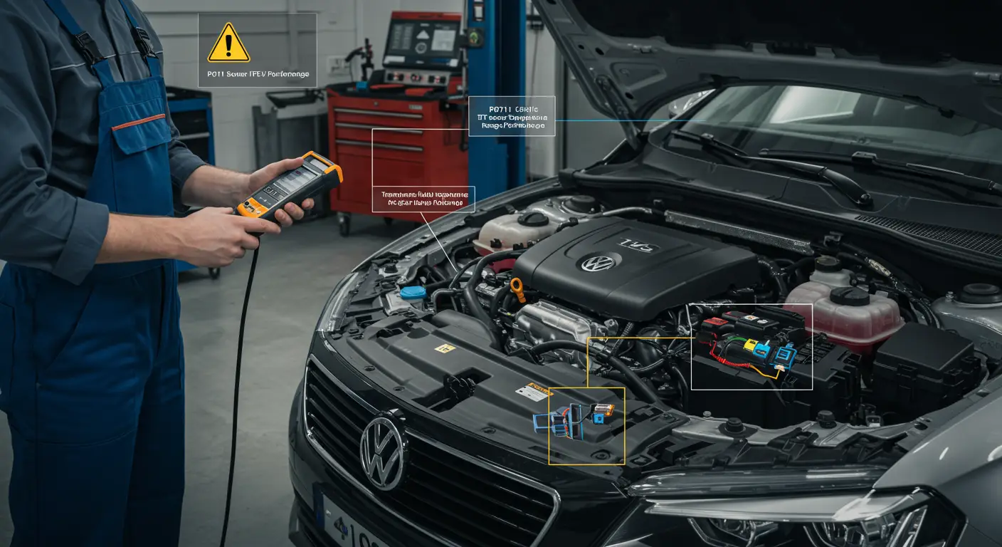 Dijagram prikazuje automobilsku instrument tablu sa upaljenom lampicom za proveru motora i istaknutim kodom greške P0711, koji ukazuje na problem sa senzorom temperature tečnosti menjača (TFT). Na slici su dodatno prikazani kablovi i priključci TFT senzora unutar motornog prostora.