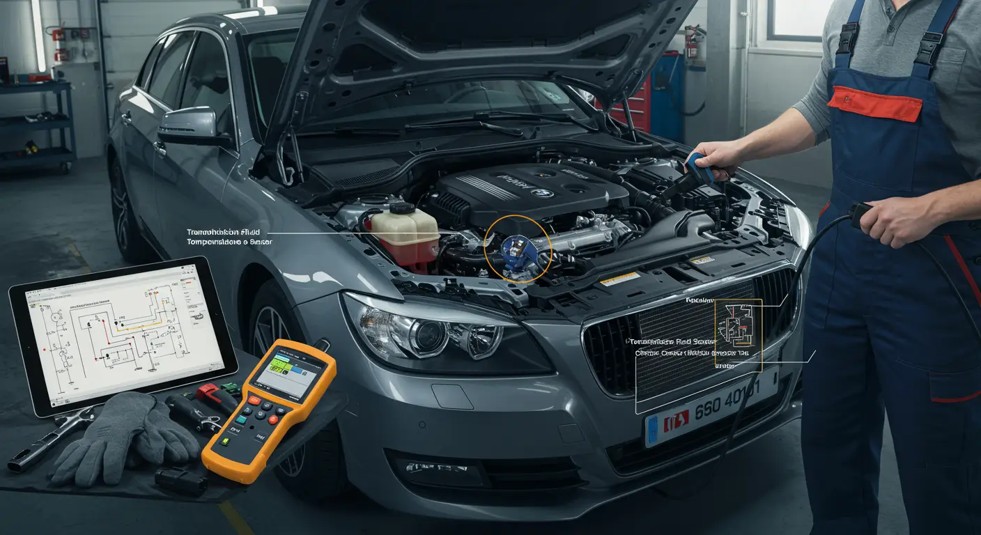 Ilustracija prikazuje automobilsku instrument tablu sa upaljenom lampicom za grešku i dijagram senzora temperature ulja u menjaču, uz oznaku koda greške P0710. Senzor i njegova električna instalacija su istaknuti radi lakšeg razumevanja problema.