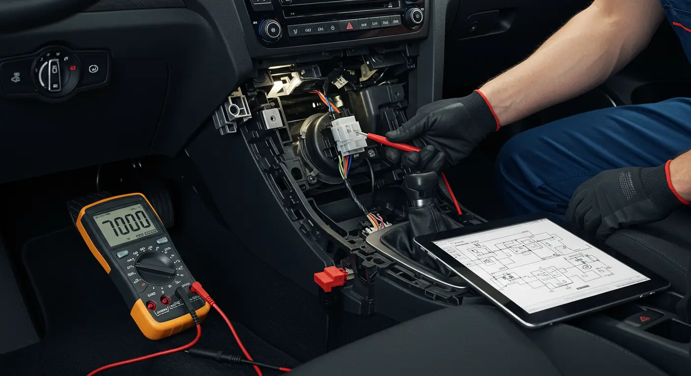 Ilustracija prikazuje dijagram automobila sa istaknutim prekidačem kočnice i upozorenjem o grešci P0719 - Nizak ulaz u krugu prekidača kočnice. Crvena strelica ukazuje na lokaciju prekidača kočnice ispod instrument table.