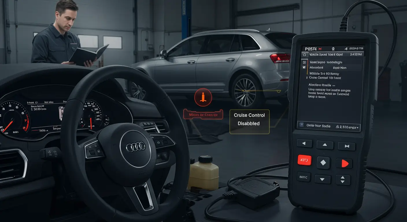 Instrument tabla automobila prikazuje crvenu lampicu upozorenja i simbol za tempomat, sa brzinoimetrom koji pokazuje brzinu iznad 180 km/h.