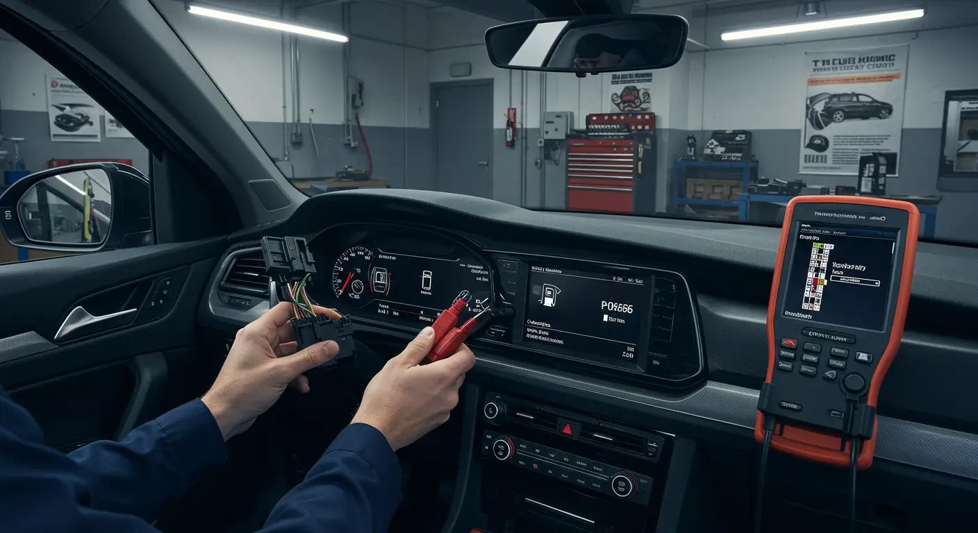 Instrument tabla automobila prikazuje lampicu upozorenja za gorivo i dijagnostički kod greške P0656, što ukazuje na problem sa izlaznim kolom nivoa goriva.