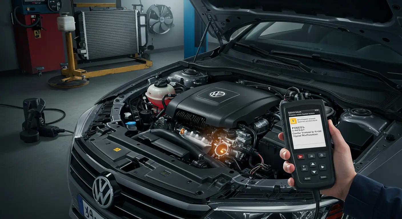 Instrument tabla automobila prikazuje lampicu upozorenja za tempomat, uz prikaz greške P0570 - Cruise Control Accel Signal Malfunction na ekranu.