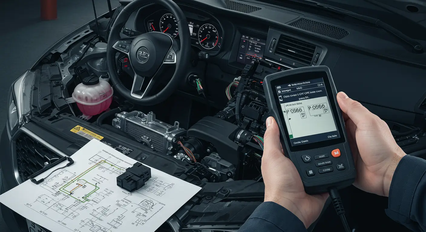 Instrument tabla automobila prikazuje upaljenu lampicu za grešku i simbol tempomata, uz poruku o P0566 grešci - kvar signala isključivanja tempomata.