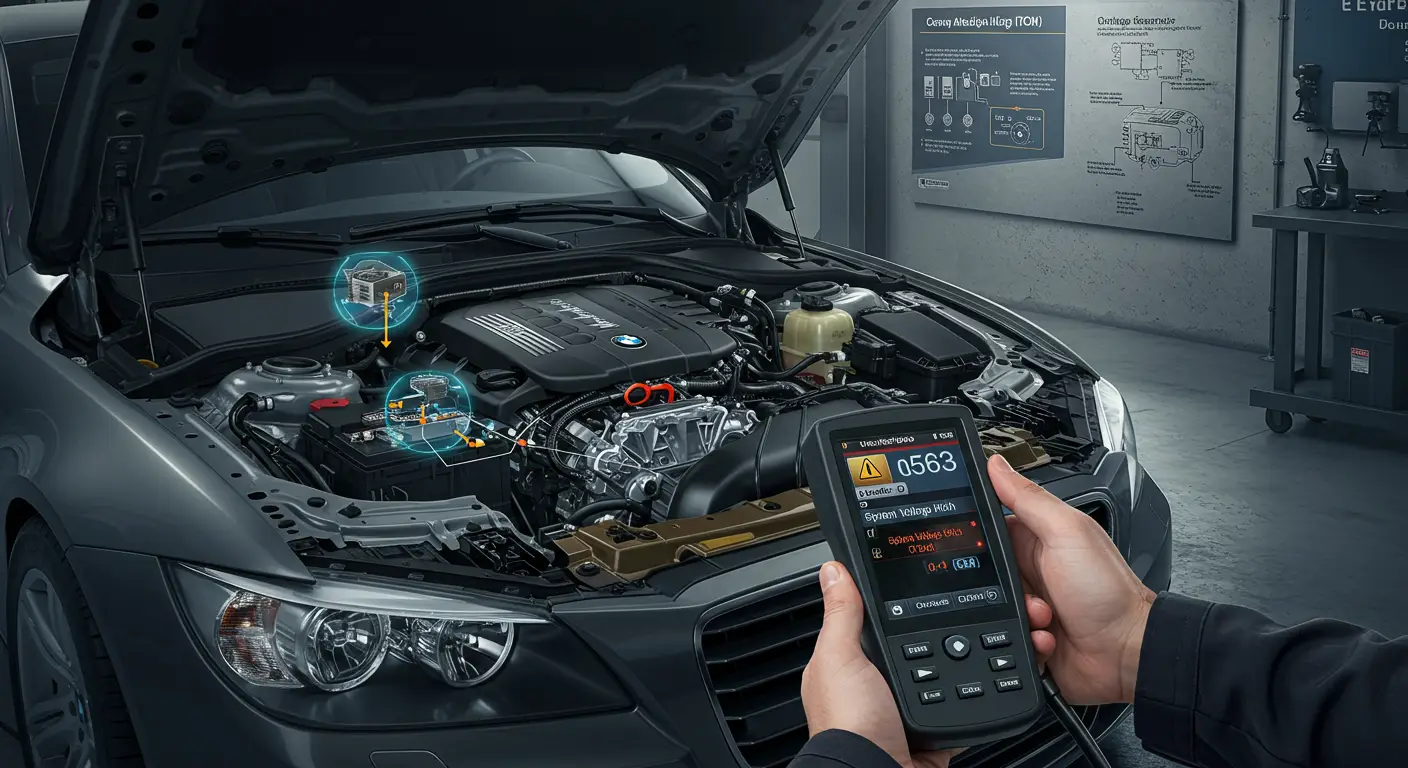 Instrument tabla automobila prikazuje upozorenje o visokom naponu sistema, sa osvetljenom lampicom za kvar i dijagnostičkim kodom P0563 na ekranu.