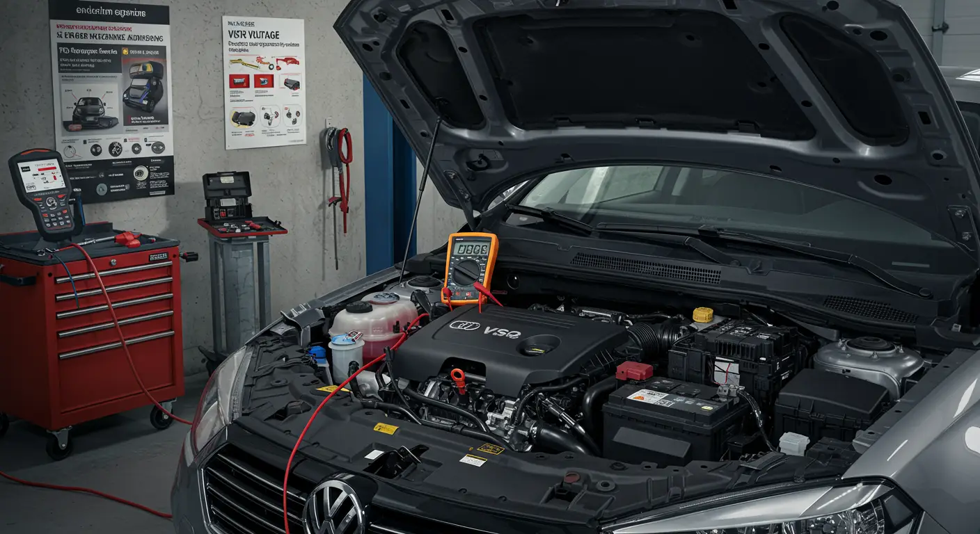 Instrument tabla automobila prikazuje upozorenje za grešku P0560 - napon sistema, sa upaljenom lampicom za proveru motora. U pozadini se vidi voltmetar koji pokazuje abnormalan napon akumulatora.